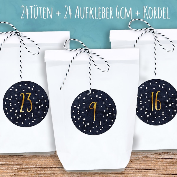 Adventskalender "Tafel gelb Schnee" große 6cm Adventszahlen Tüten Bodenbeutel weiß + schweiß/weiß Kordel