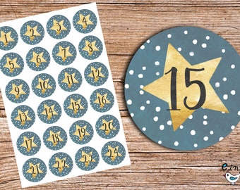 24 x Advent sticker ster geel BLAUW Kalender 4 cm diameter