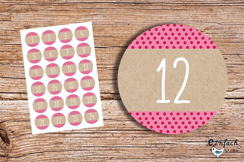 24 x Advent sticker pink dotted Kraft 4 cm diameter image 1