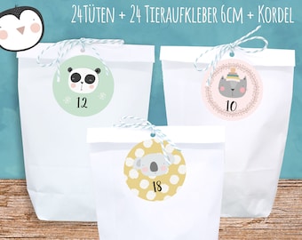 Advent calendar "Animals pastel colors" large 6 cm Advent numbers Bags bottom bag white + cord turquoise