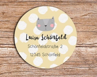 24 x Personalisierte Adress Aufkleber #6 Katze gepunket gelb