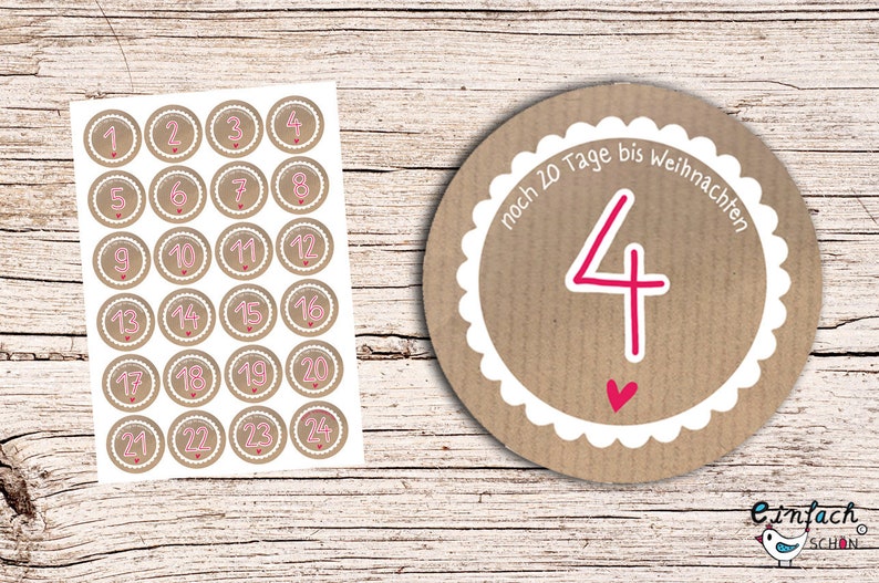 24 Advent stickers Kraft Paper Look 4 cm round image 1