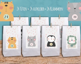 DIY Advent Calendar "Animals pink dotted" Advent numbers bags Block bottom bag white + brown gorges