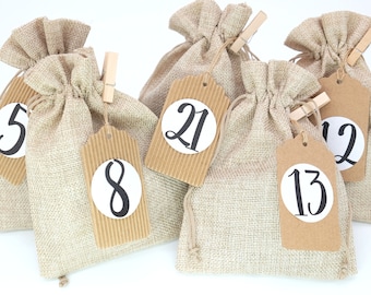 24 Stoffsäckchen Adventskalender JUTE Look 13x18cm BEIGE Gr. M Klammern Anhänger Aufkleber Garn