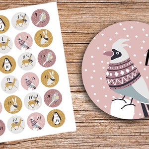 24 Advent stickers Animals of the forest Scandinavian animals PINK 40 mm diameter Polar bear, bird, fox, deer, deer Nordic Look image 1