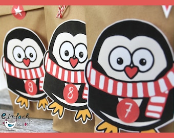 Adventskalender Pinguin rot groß M Tüten Bodenbeutel braun + Garm