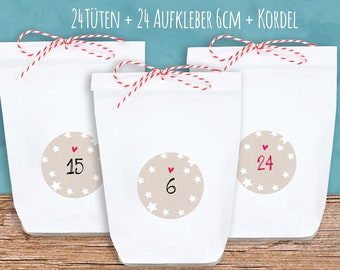 Adventskalender "Kraft weiße Sterne" große 6cm Adventszahlen Tüten Bodenbeutel weiß + rot/weiß Kordel