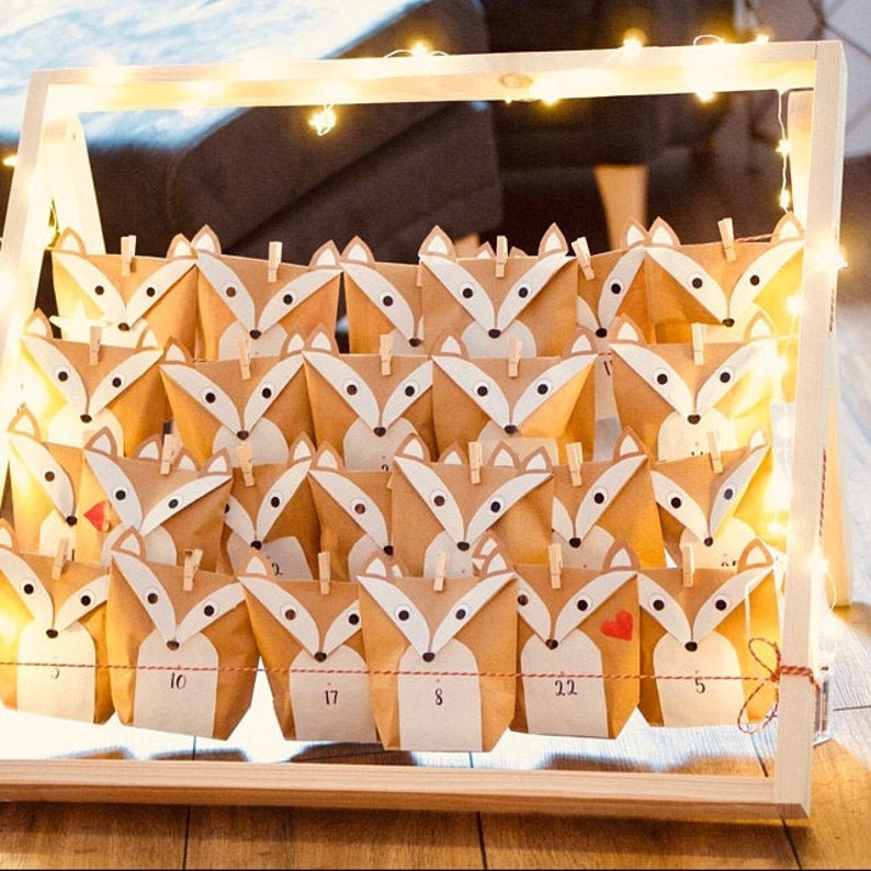 Adventskalender Füchse DIY WEIß für Männer Kinder mit Klammern Aufkleber Garn Bild 4