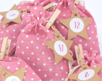 24 fabric bags PINK 2 Advent Calendar 10 x 14 cm Garland Star Pendant Sticker Brackets