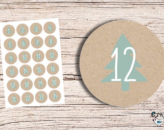 24 x Advent sticker Kraft Christmas tree 4 cm diameter