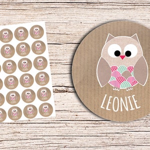 24 x Personalized owls name sticker pink 4 cm diameter