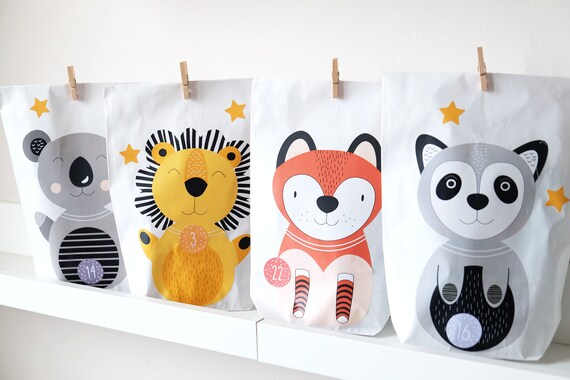 Advent Calendar Animals to Stick on With Bottom Bag White 24 Mm Sticker  Mini Clamps Leo Raccoon Koala Fox - Etsy