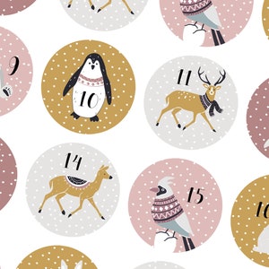 24 Advent stickers Animals of the forest Scandinavian animals PINK 40 mm diameter Polar bear, bird, fox, deer, deer Nordic Look image 2