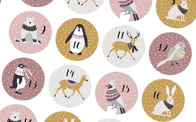 24 Advent stickers Animals of the forest Scandinavian animals PINK 40 mm diameter Polar bear, bird, fox, deer, deer Nordic Look image 2