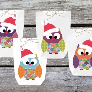 Advent Calendar Owls Colorful 24 gift bags white image 1