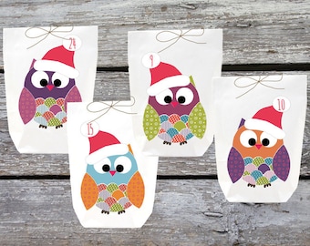 Advent Calendar Owls Colorful 24 gift bags white