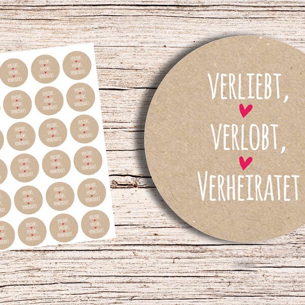 Verliebt, Verlobt, Verheiratet 24 Aufkleber Kraft 4cm Durchmesser