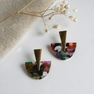 EARRING boho for women, (gold or silver) plated brush triangle sterling stud with multicolor half cercle acetate acrylic piece. - BO97-