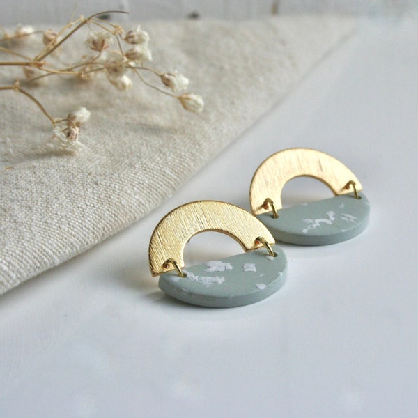 EARRING for woman, brush arch gold plated ear stud, pale blue with white confetti handmade pendant piece in polymer clay.