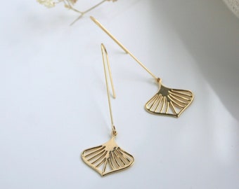 EARRING boho for women, minimalist, gold or silver leaf charm pendant on long earring hook.