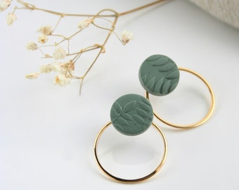 EARRING in polymer clay for woman, handmade, many colors available, fern pattern ear stud with circle ear jacket (gold or silver).