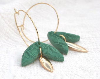 EARRING for women, big gold hoop and double pendant, gold plated marquise charm and green art deco pattern piece in polymer clay.