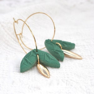 EARRING for women, big gold hoop and double pendant, gold plated marquise charm and green art deco pattern piece in polymer clay.