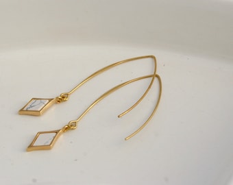 EARRING boho women, long gold hook, (blue, white or black) howlite marble diamont pendant. -BO106-