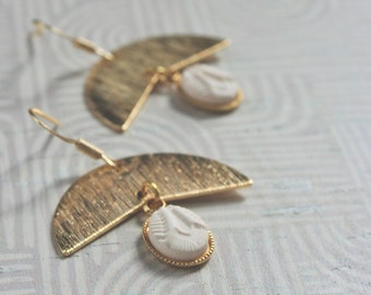 EARRING Art Deco style, double pendnt brushed gold plated crescent with ivory color oval piece in polymer clay