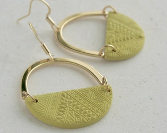 EARRING, handmade in polymer clay semi-circle pendant (yellow, green sage) piece, herringbone pattern on gold-plated arch, standard hook.