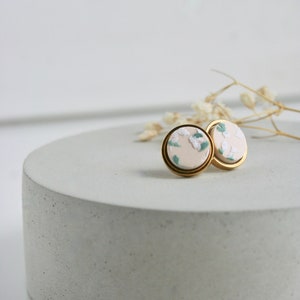 EARRING for woman in polymer clay, eggshell yellow background color with green and white sprinkle, ear studs gold plated stud sterling stem.