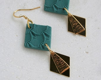 EARRING for woman, dark turquoise rhombus shape pendant in polymer clay, art deco pattern and double gold plated pendant rhombus and drop.