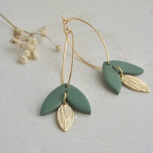 EARRING long, long gold plated oval ring and double pendant, gold leaf charm and matte black OR sage green piece in polymer clay. Green