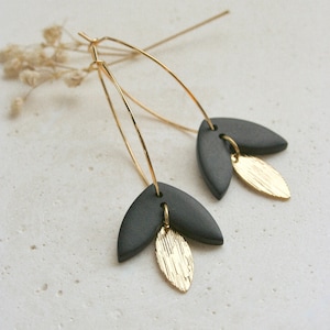 EARRING long, long gold plated oval ring and double pendant, gold leaf charm and matte black OR sage green piece in polymer clay. image 4