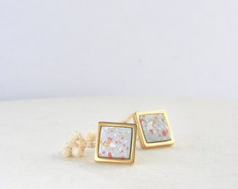 EARRING for women, gold plated square ear studs, blue gray background color piece handmade in polymer clay with sparkles (pink, yellow).