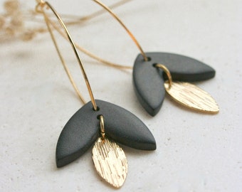 EARRING long, long gold plated oval ring and double pendant, gold leaf charm and matte black OR sage green piece in polymer clay.