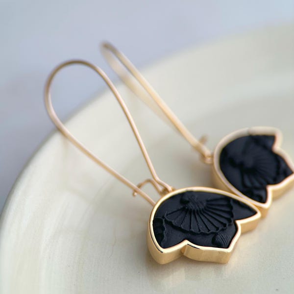 Polymer clay earrings, long hook with Art Deco style flower-shaped pendant and delicate metallic outline (gold OR silver).