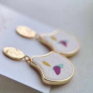 Hand Painted Polymer Clay Earrings, Ivory Dangle Earrings, Hammered Oval Studs, Colorful Handmade Earrings, Made in Quebec