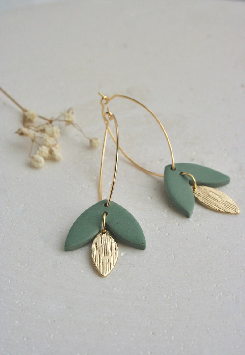 EARRING long, long gold plated oval ring and double pendant, gold leaf charm and matte black OR sage green piece in polymer clay. Green