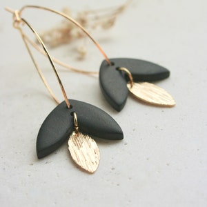 EARRING long, long gold plated oval ring and double pendant, gold leaf charm and matte black OR sage green piece in polymer clay. image 6