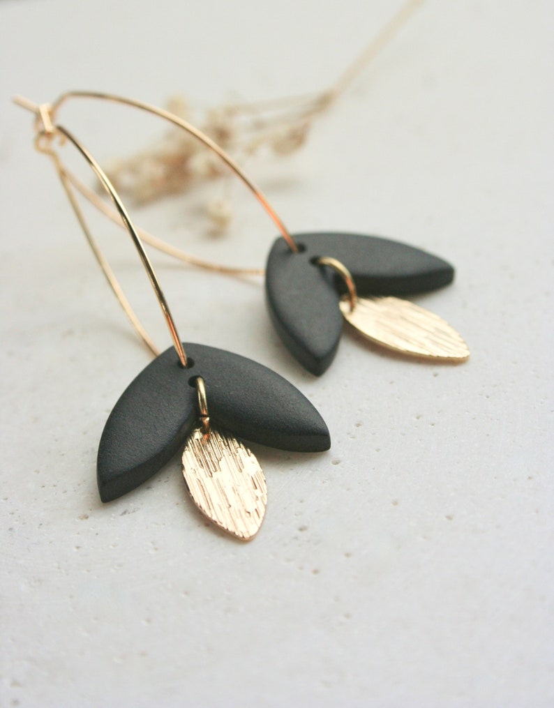 EARRING long, long gold plated oval ring and double pendant, gold leaf charm and matte black OR sage green piece in polymer clay. image 6