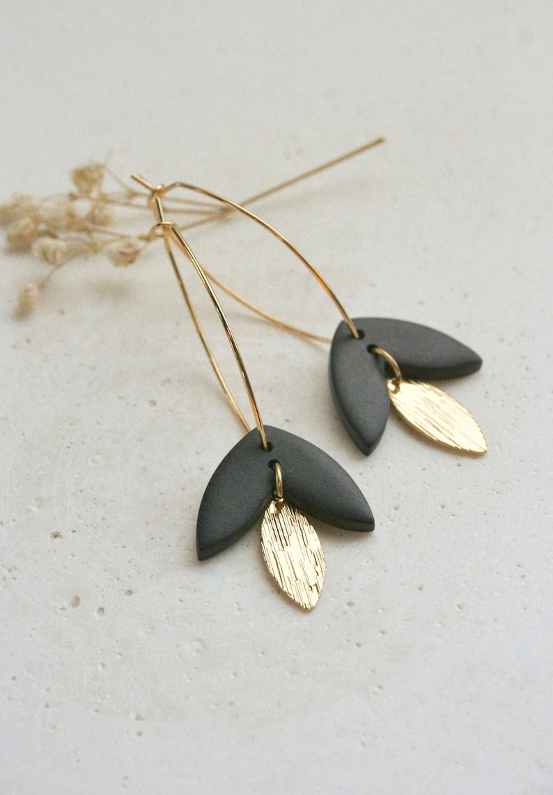 EARRING long, long gold plated oval ring and double pendant, gold leaf charm and matte black OR sage green piece in polymer clay. image 4