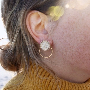Peut inclure: Gros plan d'une boucle d'oreille dorée avec un dessus circulaire tissé et un anneau pendant. La boucle d'oreille est placée contre l'oreille d'une personne et un pull à col roulé jaune. La texture tissée ajoute un élément naturel au bijou.