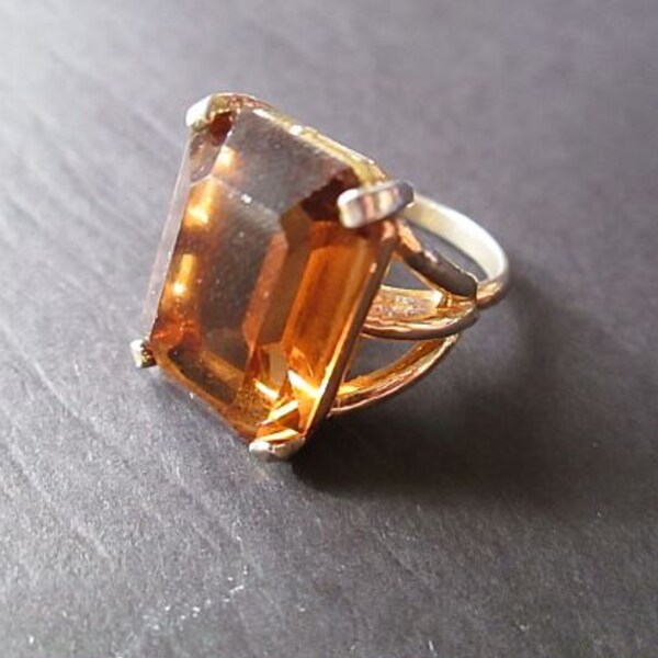 Vintage Cocktail Ring Gold Tone Topaz