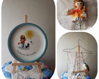 Vintage Sunshine Vignette / Gigi Plate 70s 80s paper mache Friendly ways avon scottie embroidery girl gift shag bird butterfly handkerchief