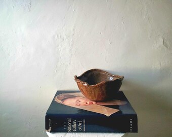 Rustic studio art bowl Organic shape brown green boho vtg ceramic signed by artist