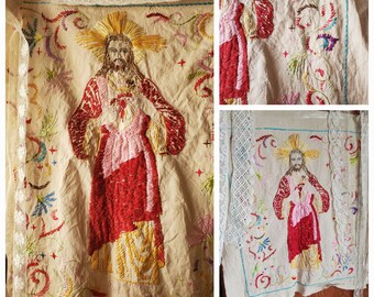 Vintage Jesus Embroidery handmade 70s classic religious Christian folk art