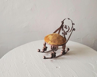 70s Tramp Art Dollhouse Yellow Folk Chair pin cushion tin can art rocking chair velvet hobo handmade