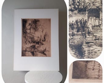 Antique Etching TOWERS AND GARDENS Donald Shaw  MacLaughlan etching  toned paper Canadian Venice Italy art Italian