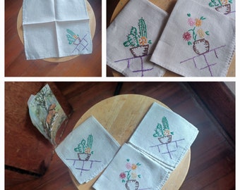 Cactus embroidery napkins set of 3 handmade vintage tea set